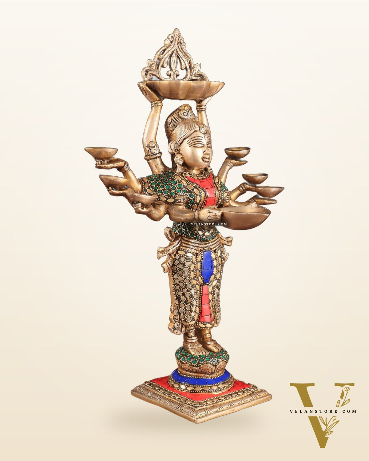 Brass Deep Lakshmi with Ten Hands Idol 15" stonework
