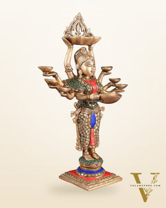 Brass Deep Lakshmi with Ten Hands Idol 15" stonework