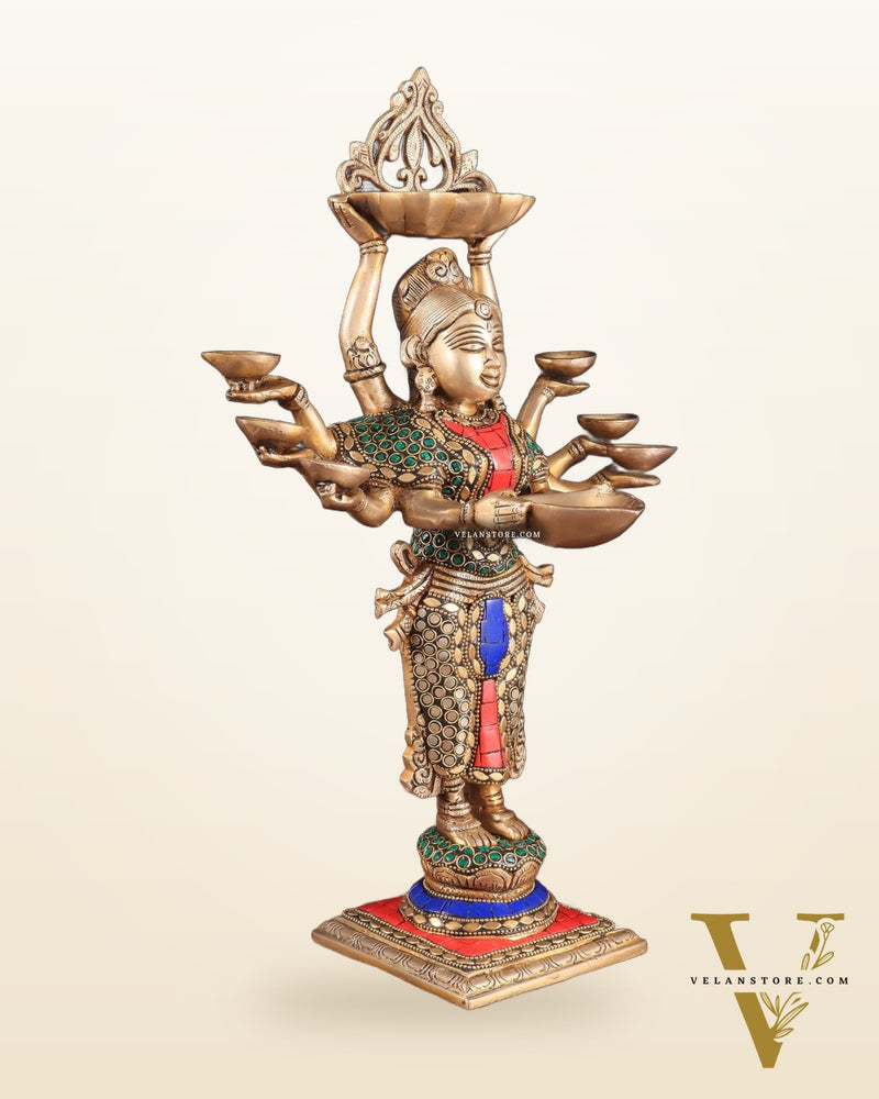 Brass Deep Lakshmi with Ten Hands Idol 15" stonework
