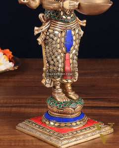 Brass Deep Lakshmi with Ten Hands Idol 15" stonework