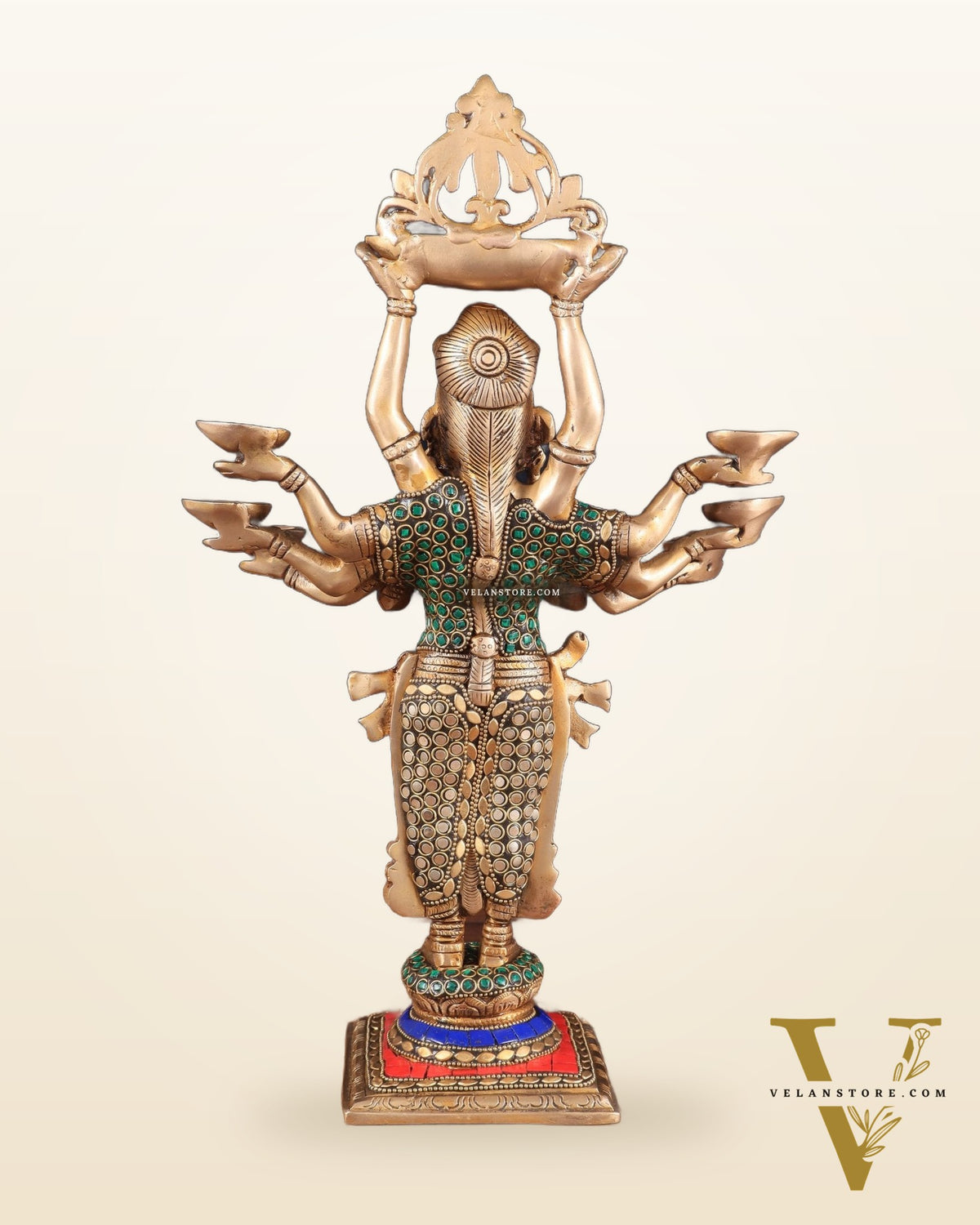 Brass Deep Lakshmi with Ten Hands Idol 15" stonework