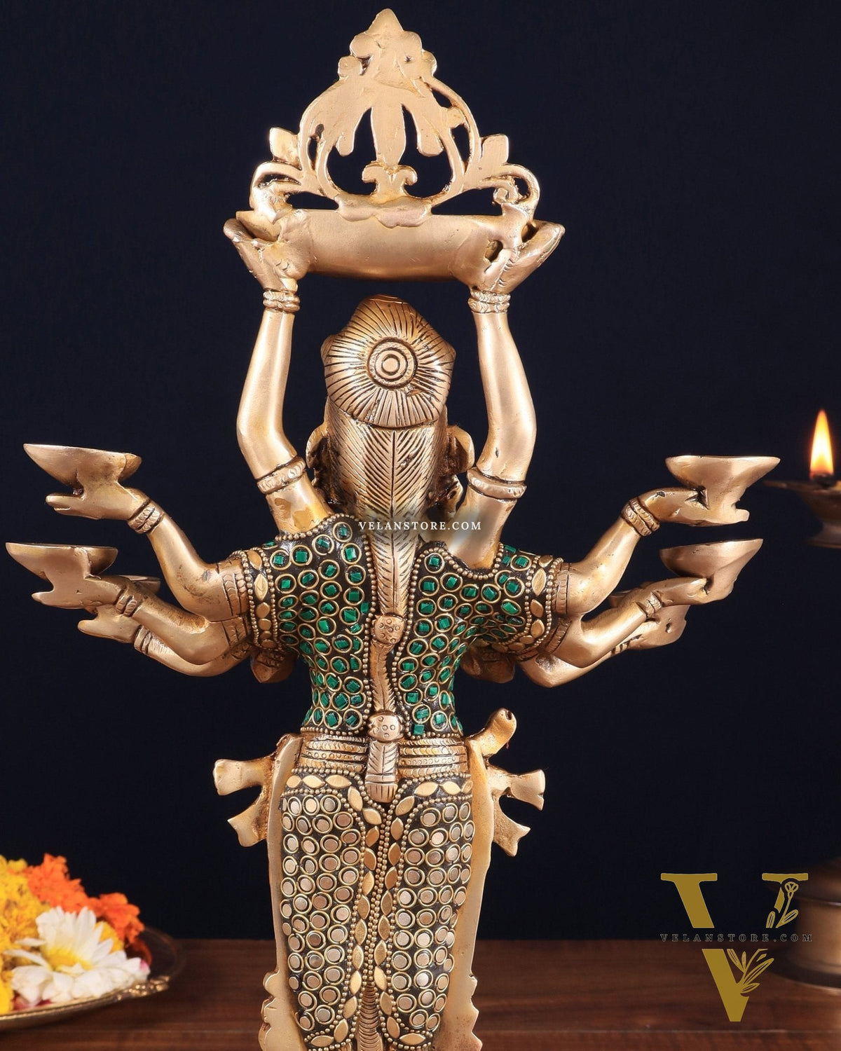 Brass Deep Lakshmi with Ten Hands Idol 15" stonework