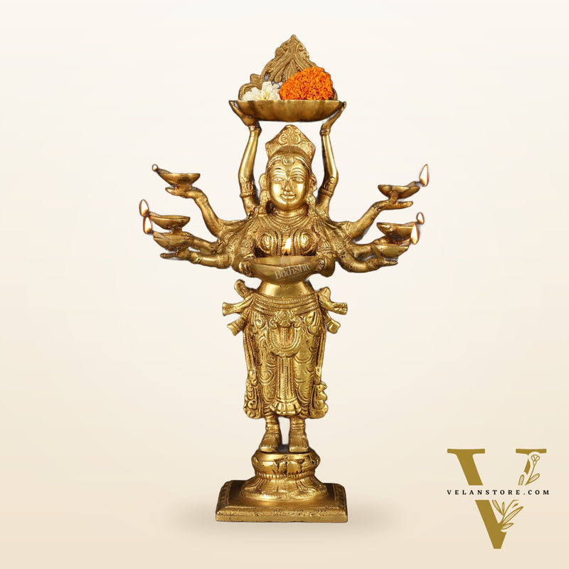 Brass Deep Lakshmi with Ten Hands Idol 15"