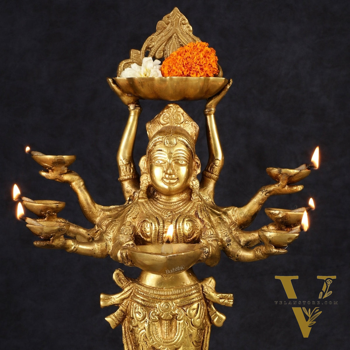 Brass Deep Lakshmi with Ten Hands Idol 15"