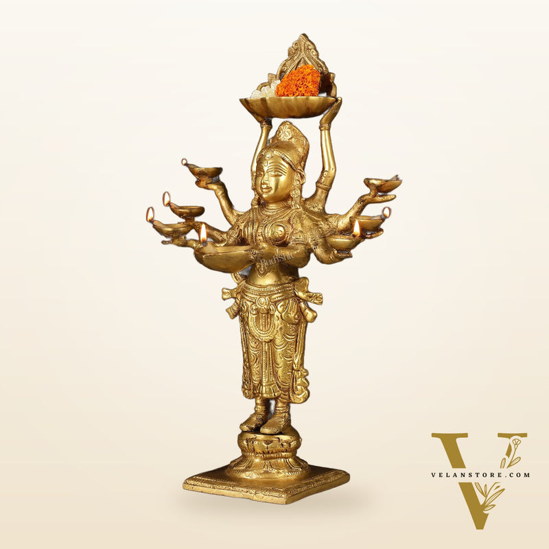 Brass Deep Lakshmi with Ten Hands Idol 15"