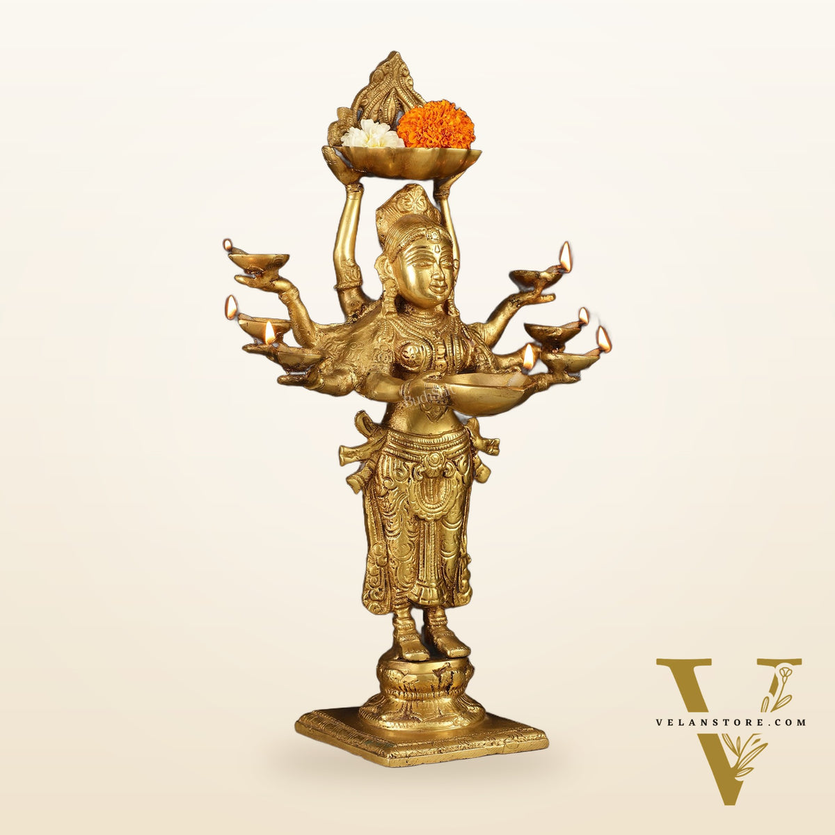 Brass Deep Lakshmi with Ten Hands Idol 15"