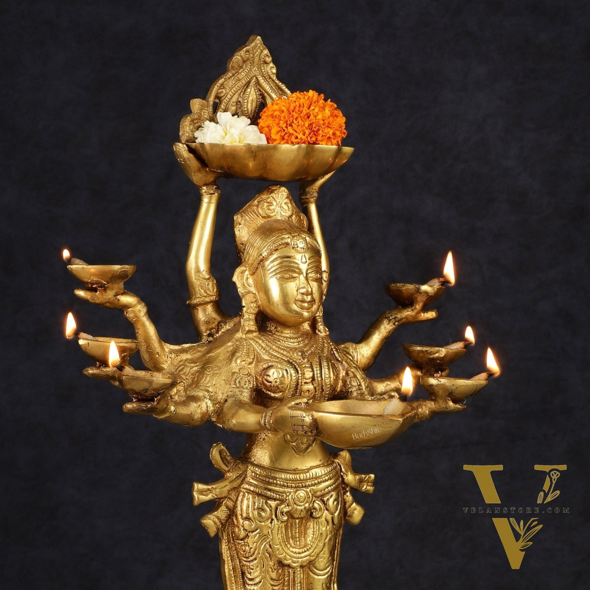 Brass Deep Lakshmi with Ten Hands Idol 15"