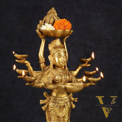 Brass Deep Lakshmi with Ten Hands Idol 15"