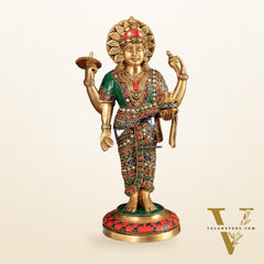 Brass Dhanvantari Statue - 12.5 Inch with stonework
