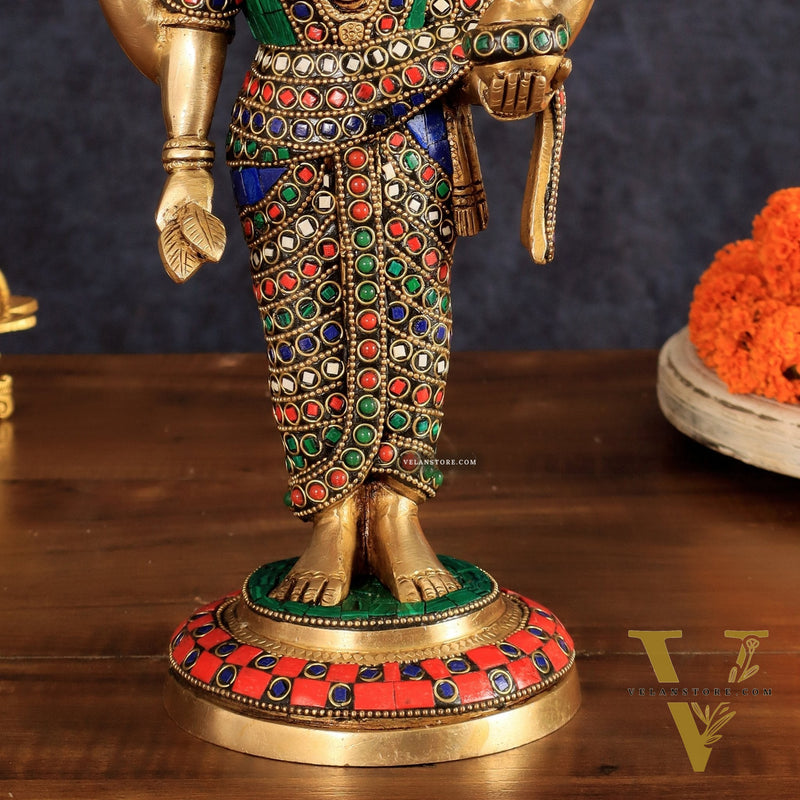 Brass Dhanvantari Statue - 12.5 Inch with stonework