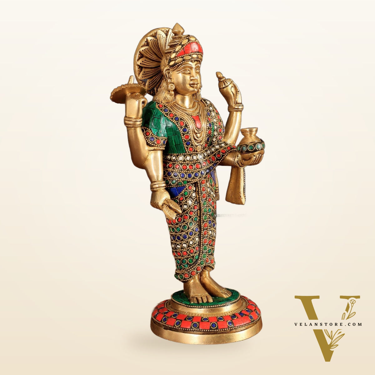 Brass Dhanvantari Statue - 12.5 Inch with stonework