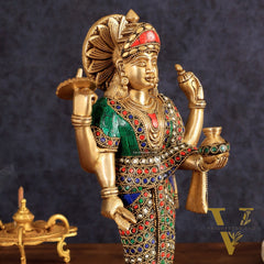 Brass Dhanvantari Statue - 12.5 Inch with stonework