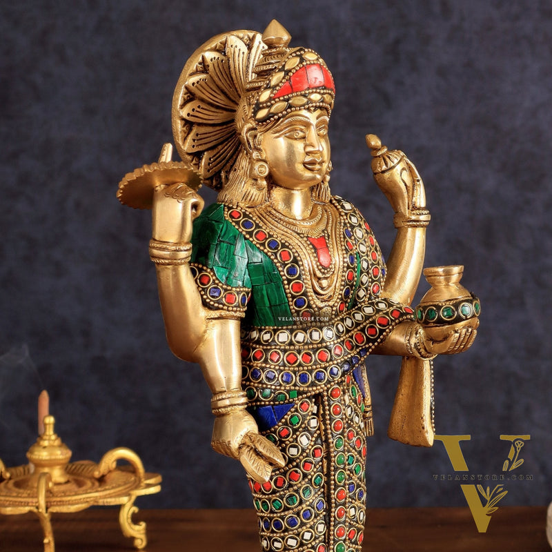 Brass Dhanvantari Statue - 12.5 Inch with stonework
