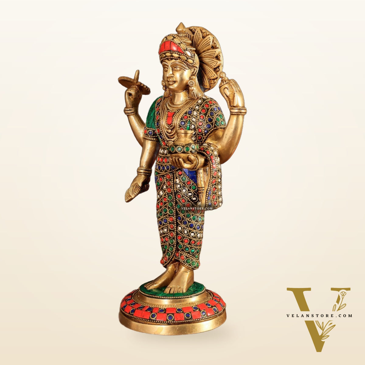 Brass Dhanvantari Statue - 12.5 Inch with stonework