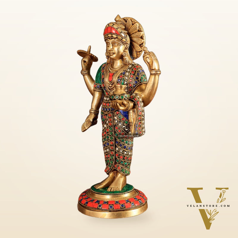 Brass Dhanvantari Statue - 12.5 Inch with stonework