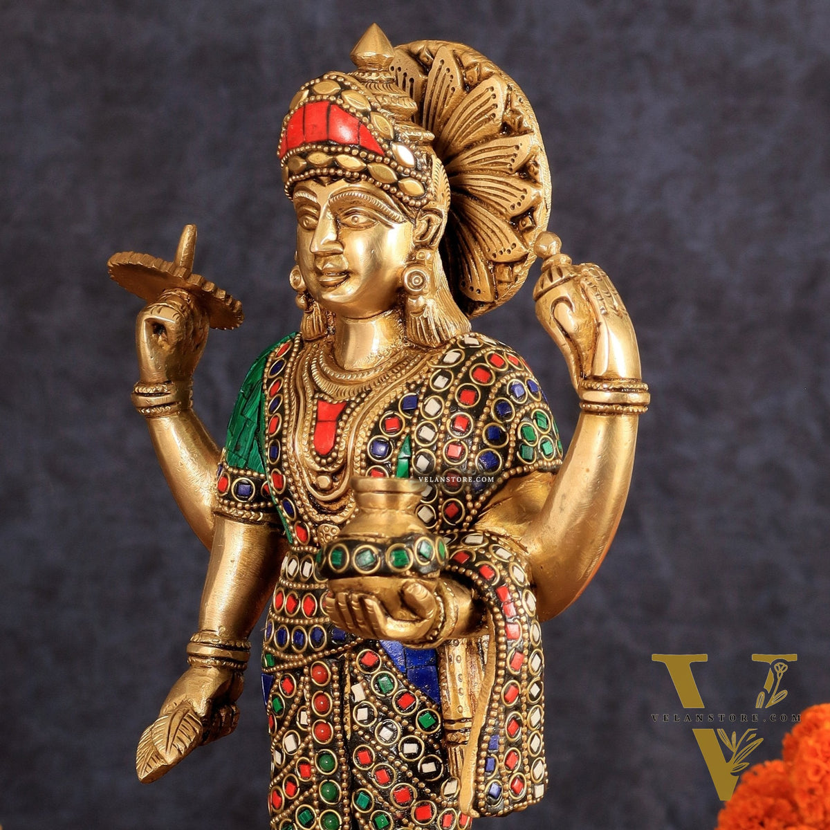 Brass Dhanvantari Statue - 12.5 Inch with stonework