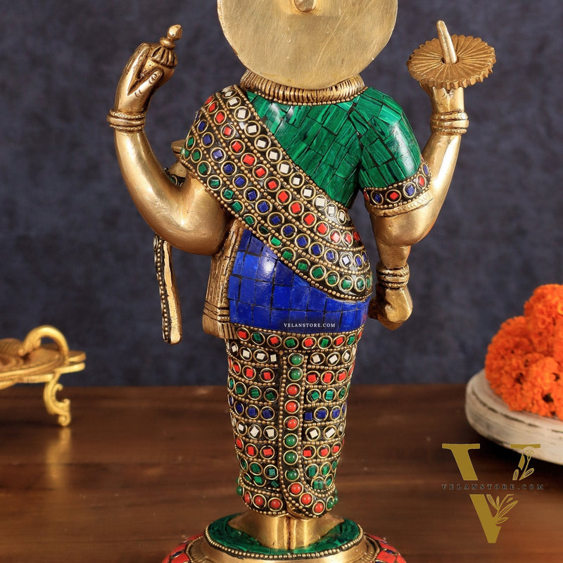 Brass Dhanvantari Statue - 12.5 Inch with stonework