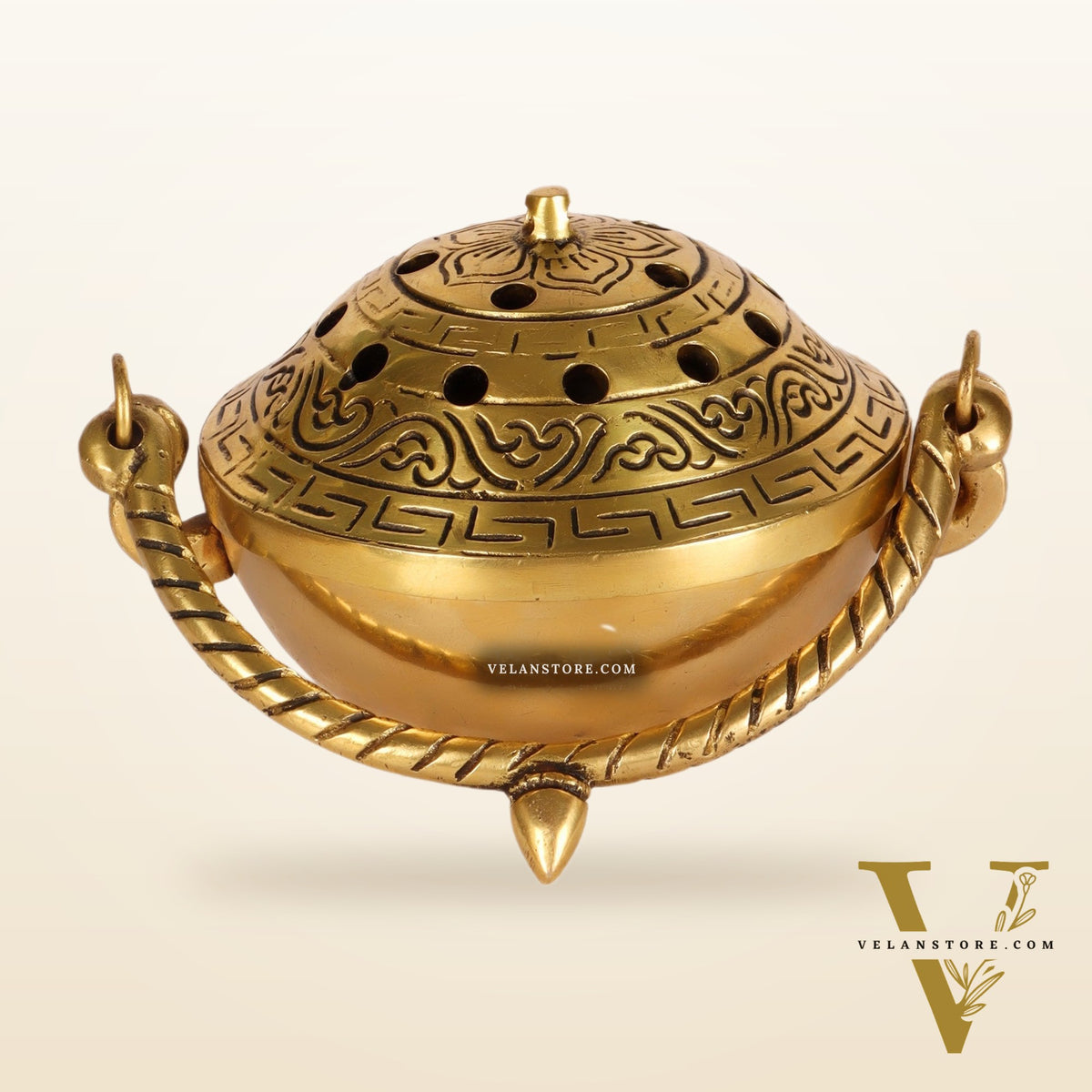 Brass Dhoop Burner with Handle and Lid - 5 inches | Traditional Incense Holder for Sacred Rituals.