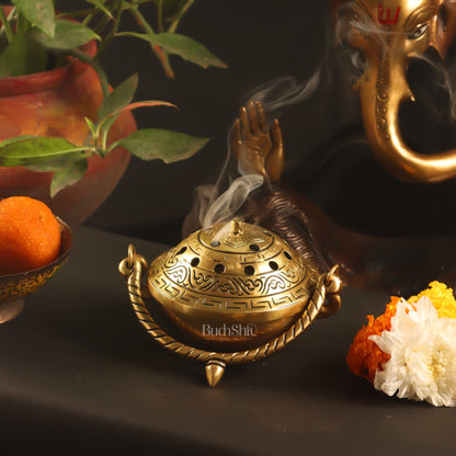 Brass Dhoop Burner with Handle and Lid - 5 inches | Traditional Incense Holder for Sacred Rituals.