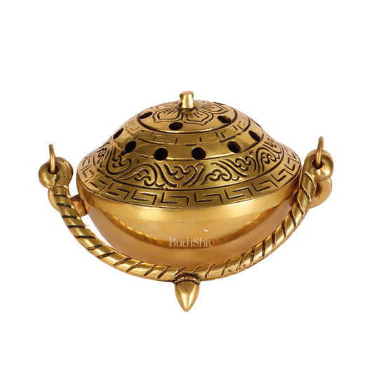 Brass Dhoop Burner with Handle and Lid - 5 inches | Traditional Incense Holder for Sacred Rituals.