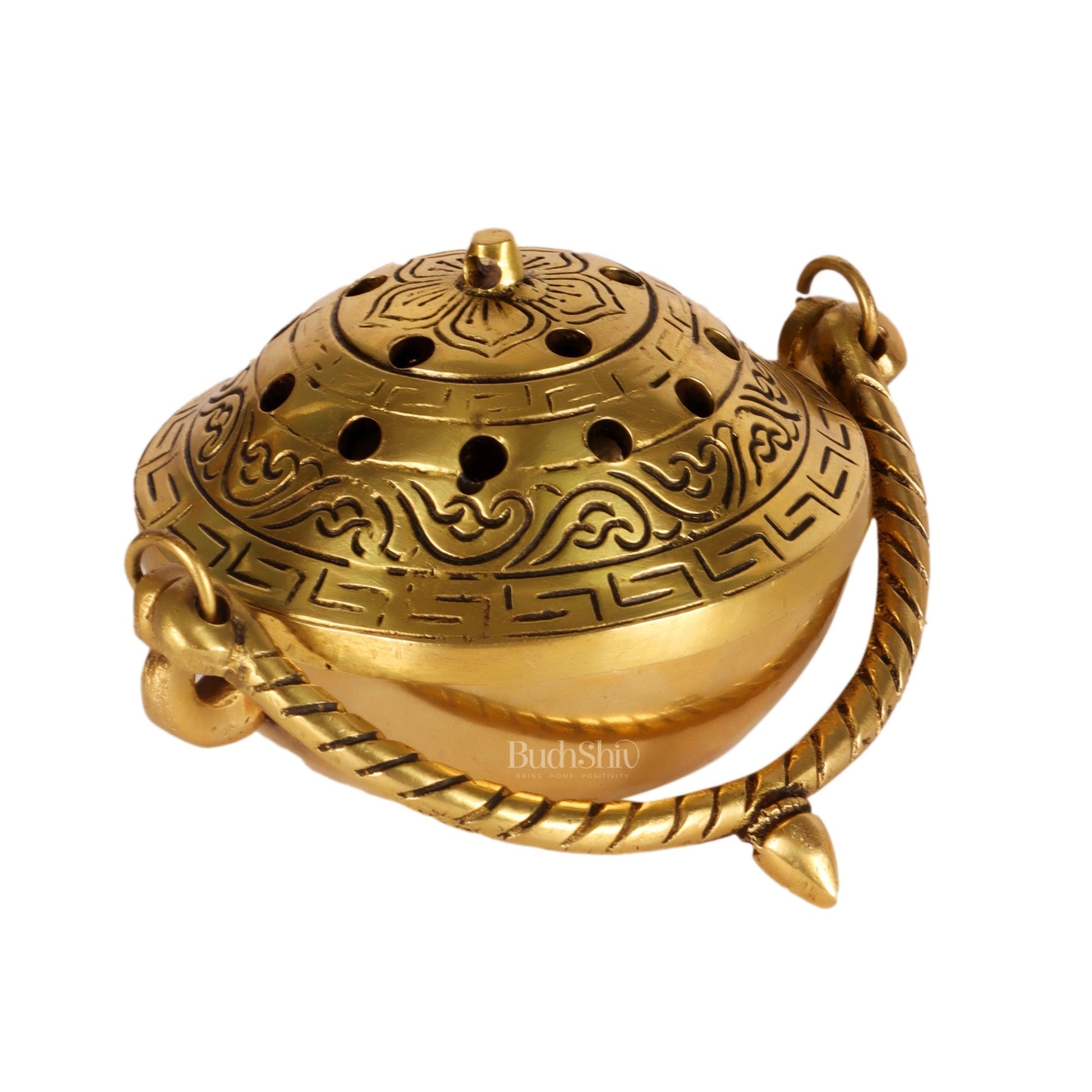 Brass Dhoop Burner with Handle and Lid - 5 inches | Traditional Incense Holder for Sacred Rituals.