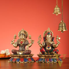 Brass Divine Pair: Ganesha and Lakshmi idols on Lotus - 11 Inch