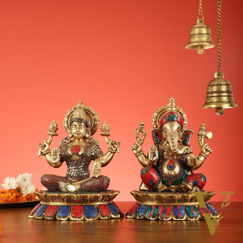 Brass Divine Pair: Ganesha and Lakshmi idols on Lotus - 11 Inch