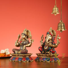Brass Divine Pair: Ganesha and Lakshmi idols on Lotus - 11 Inch