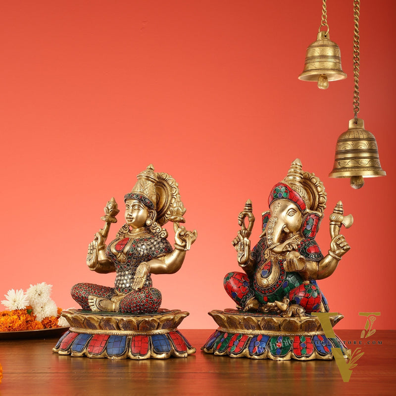 Brass Divine Pair: Ganesha and Lakshmi idols on Lotus - 11 Inch
