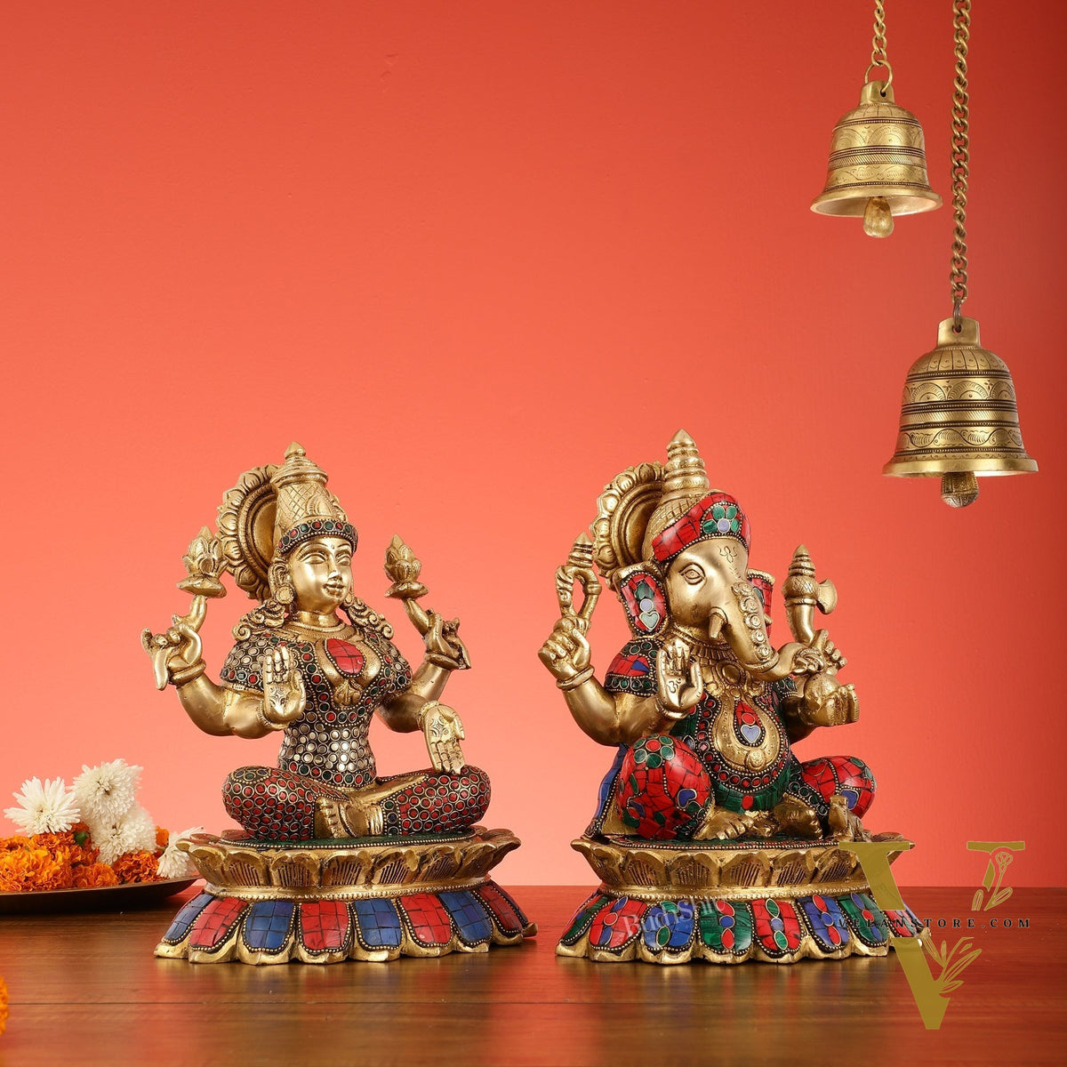 Brass Divine Pair: Ganesha and Lakshmi idols on Lotus - 11 Inch