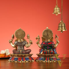 Brass Divine Pair: Ganesha and Lakshmi idols on Lotus - 11 Inch