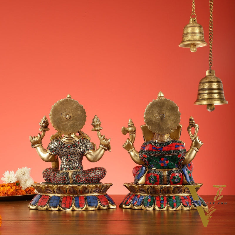 Brass Divine Pair: Ganesha and Lakshmi idols on Lotus - 11 Inch
