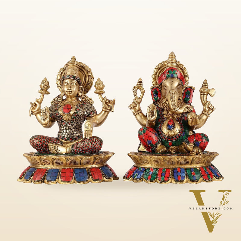 Brass Divine Pair: Ganesha and Lakshmi idols on Lotus - 11 Inch