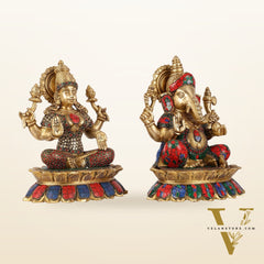Brass Divine Pair: Ganesha and Lakshmi idols on Lotus - 11 Inch