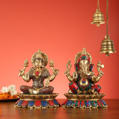 Brass Divine Pair: Ganesha and Lakshmi idols on Lotus - 11 Inch