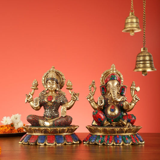 Brass Divine Pair: Ganesha and Lakshmi idols on Lotus - 11 Inch