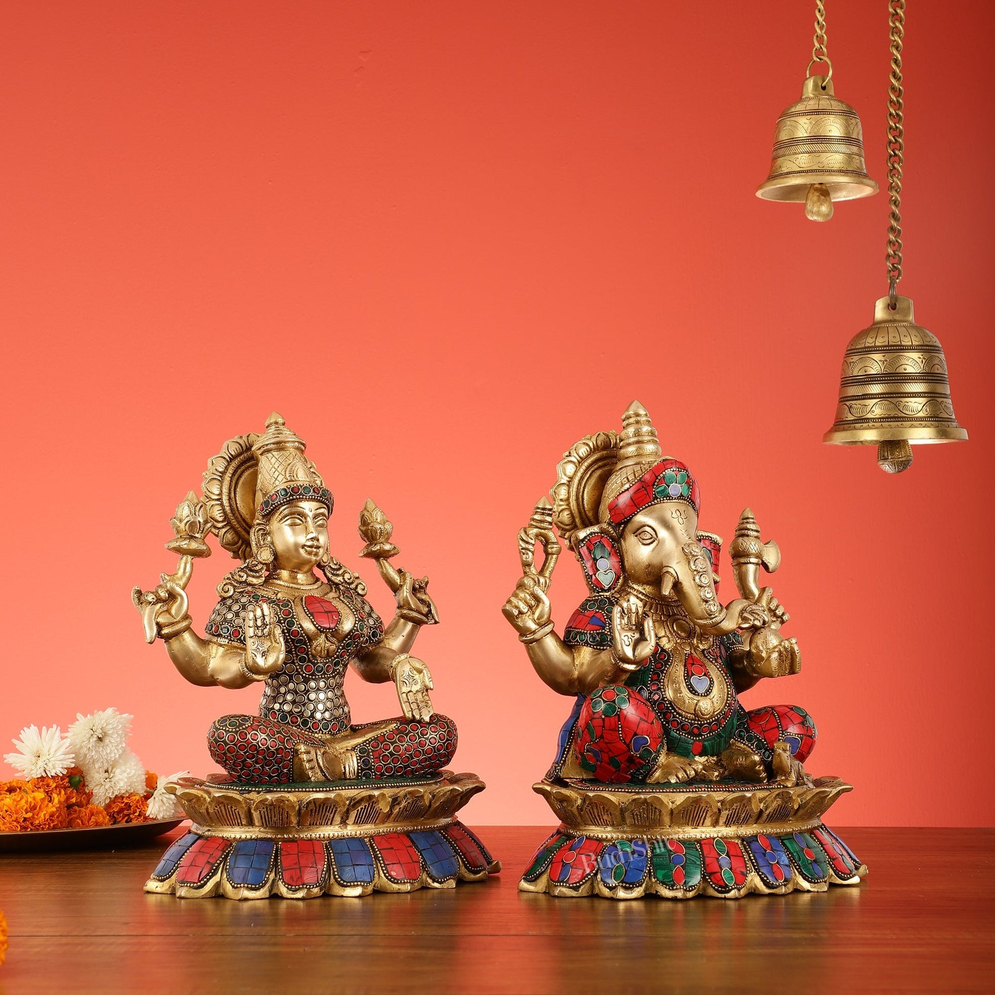 Brass Divine Pair: Ganesha and Lakshmi idols on Lotus - 11 Inch