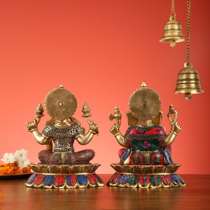 Brass Divine Pair: Ganesha and Lakshmi idols on Lotus - 11 Inch