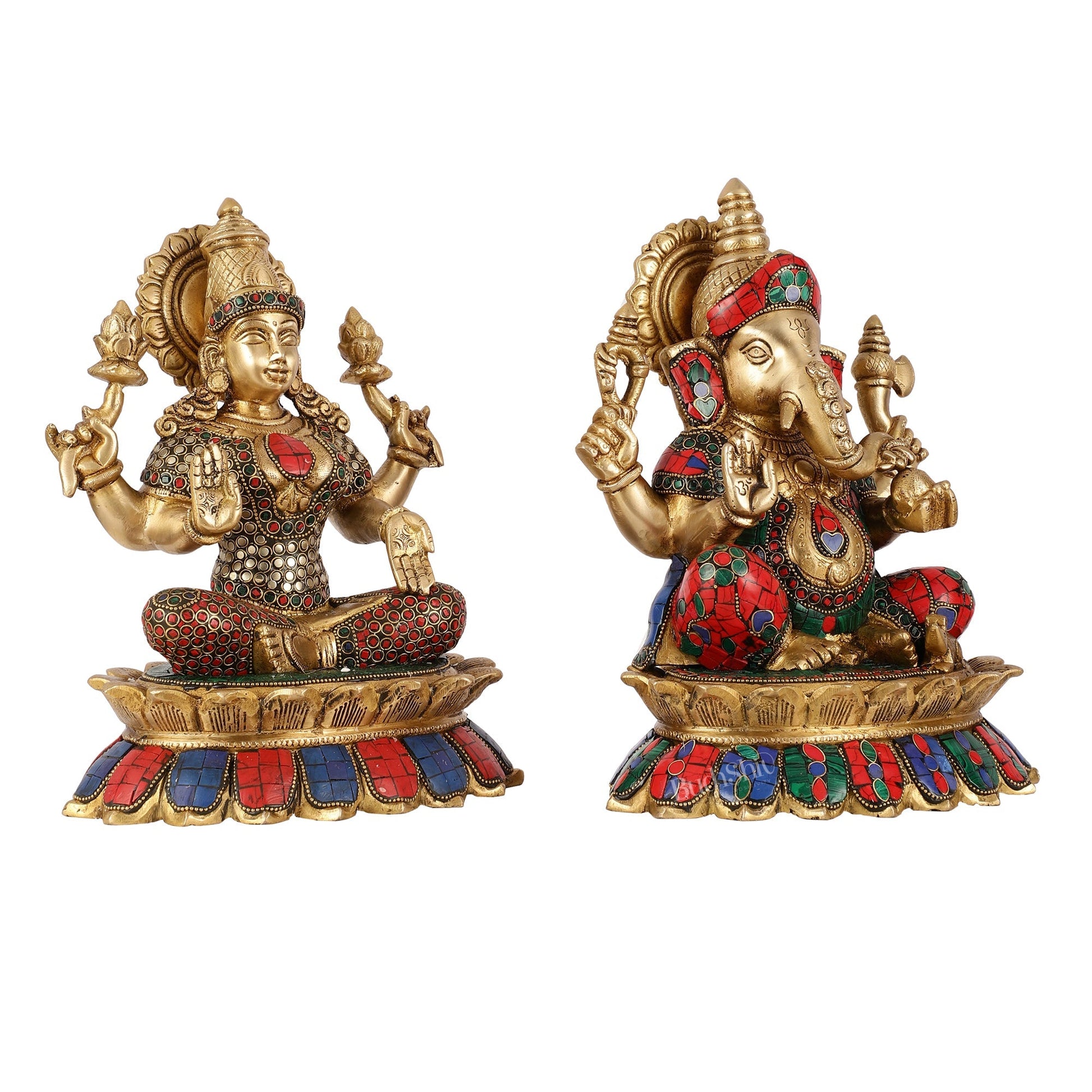 Brass Divine Pair: Ganesha and Lakshmi idols on Lotus - 11 Inch