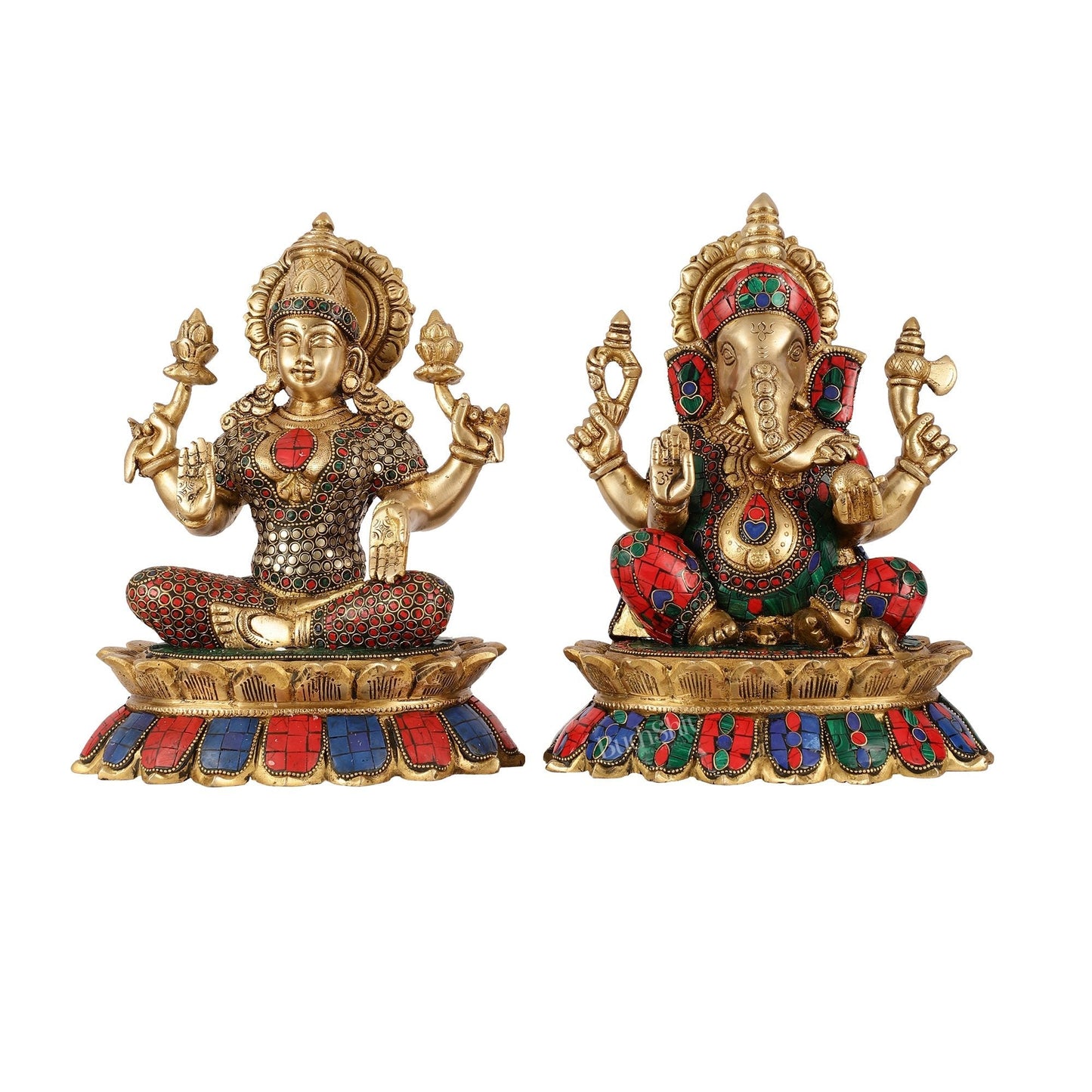 Brass Divine Pair: Ganesha and Lakshmi idols on Lotus - 11 Inch