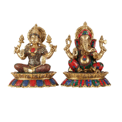 Brass Divine Pair: Ganesha and Lakshmi idols on Lotus - 11 Inch