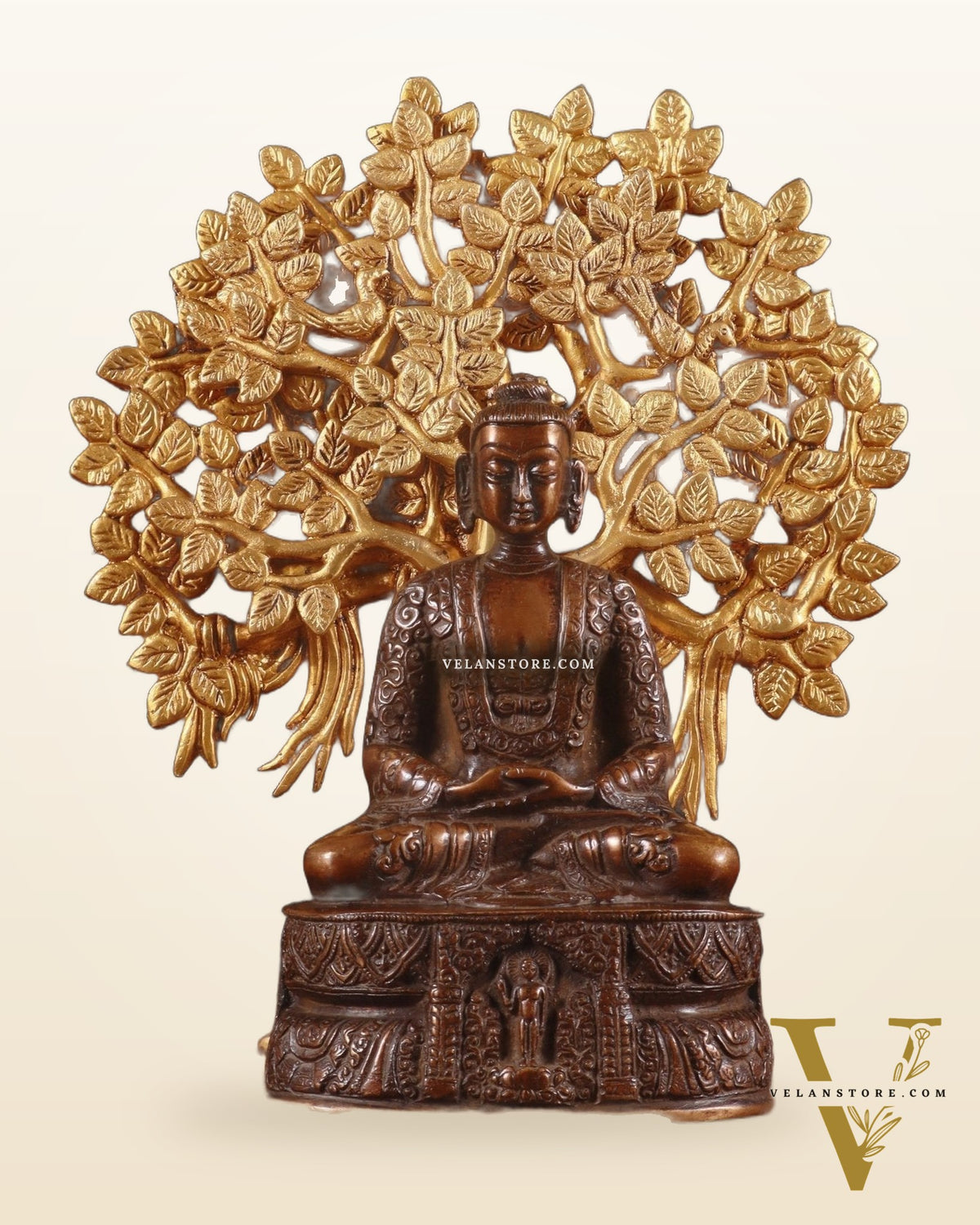 Brass Dual-Tone Meditation Buddha & Handcrafted Kalpavriksha Tree 11"