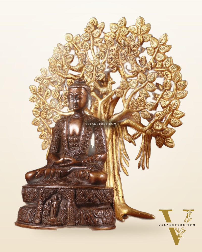 Brass Dual-Tone Meditation Buddha & Handcrafted Kalpavriksha Tree 11"