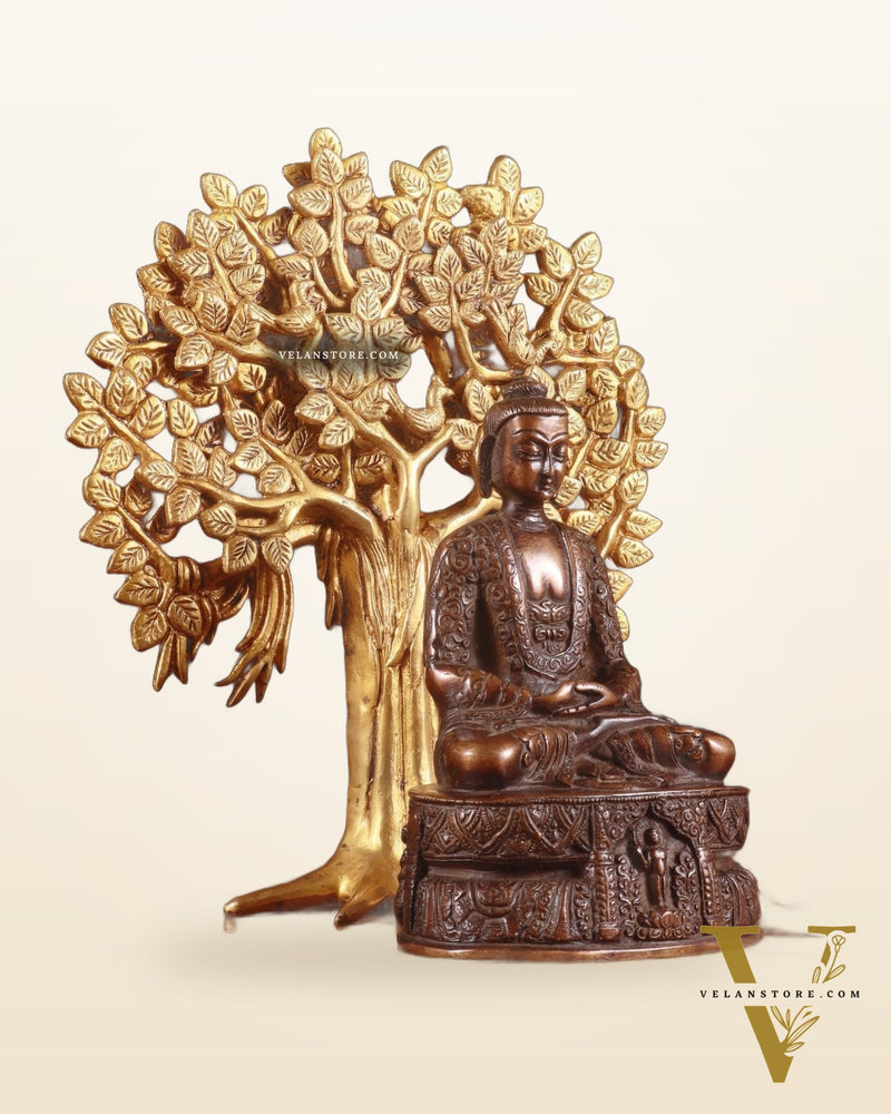 Brass Dual-Tone Meditation Buddha & Handcrafted Kalpavriksha Tree 11"