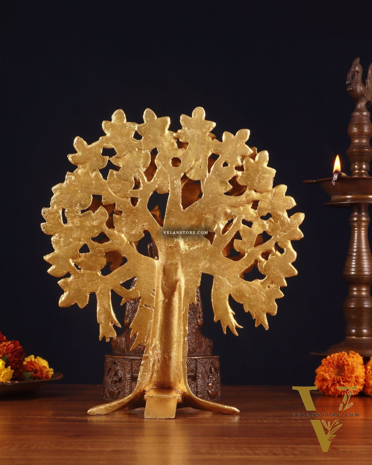 Brass Dual-Tone Meditation Buddha & Handcrafted Kalpavriksha Tree 11"