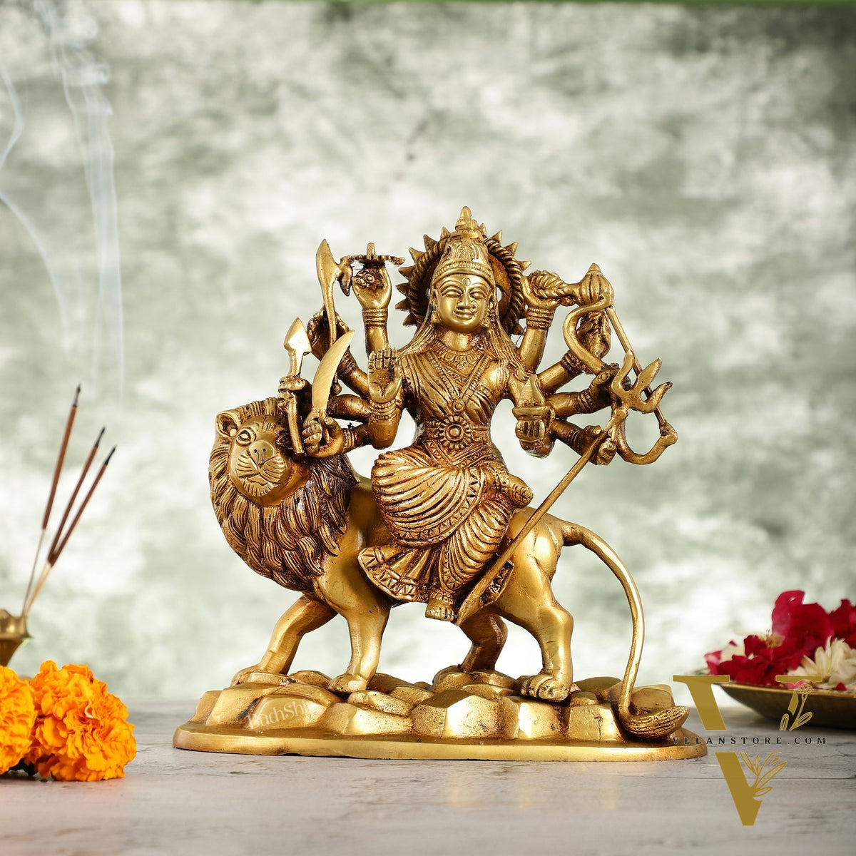 Brass Durga Ma Idol with ten arms - 9 Inch