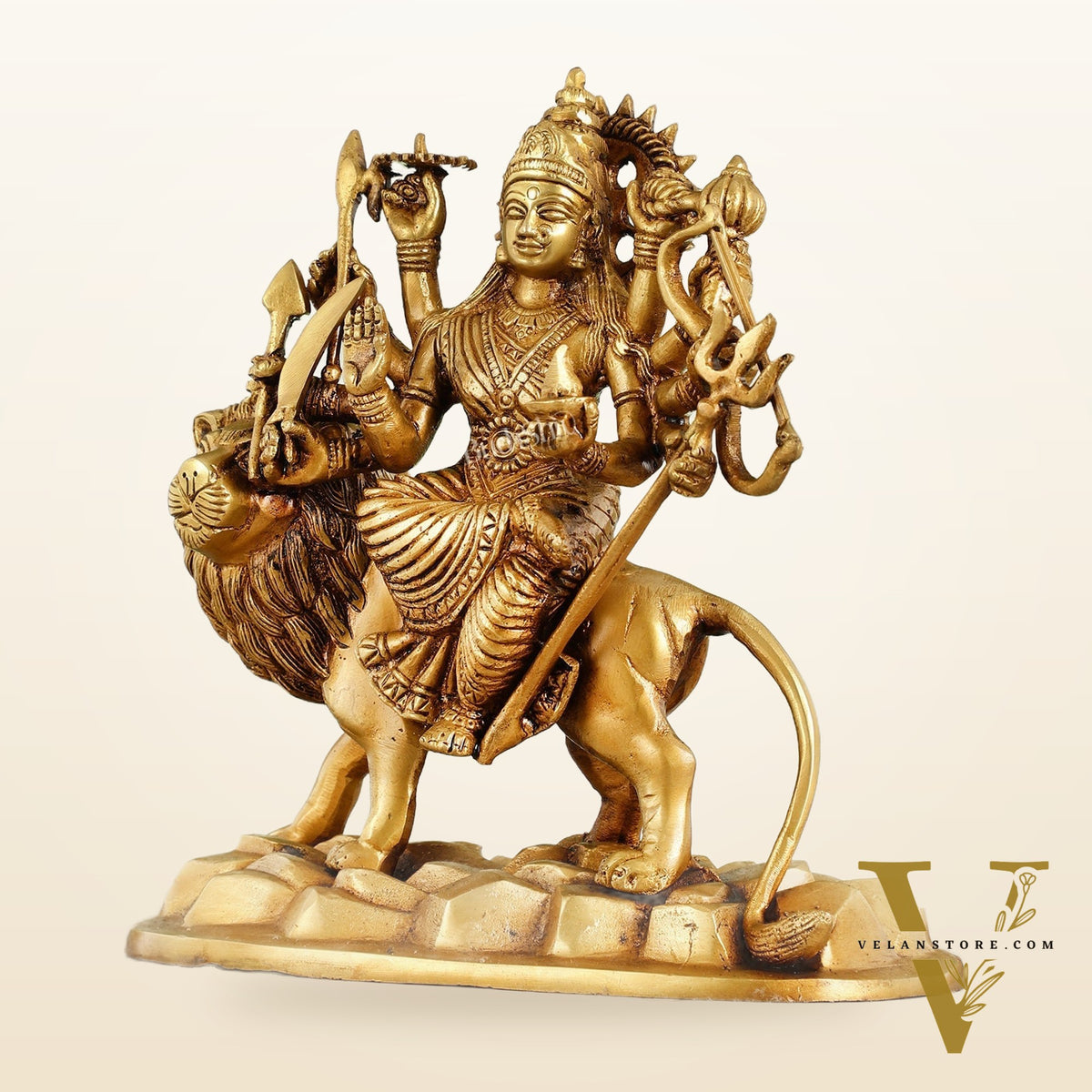 Brass Durga Ma Idol with ten arms - 9 Inch