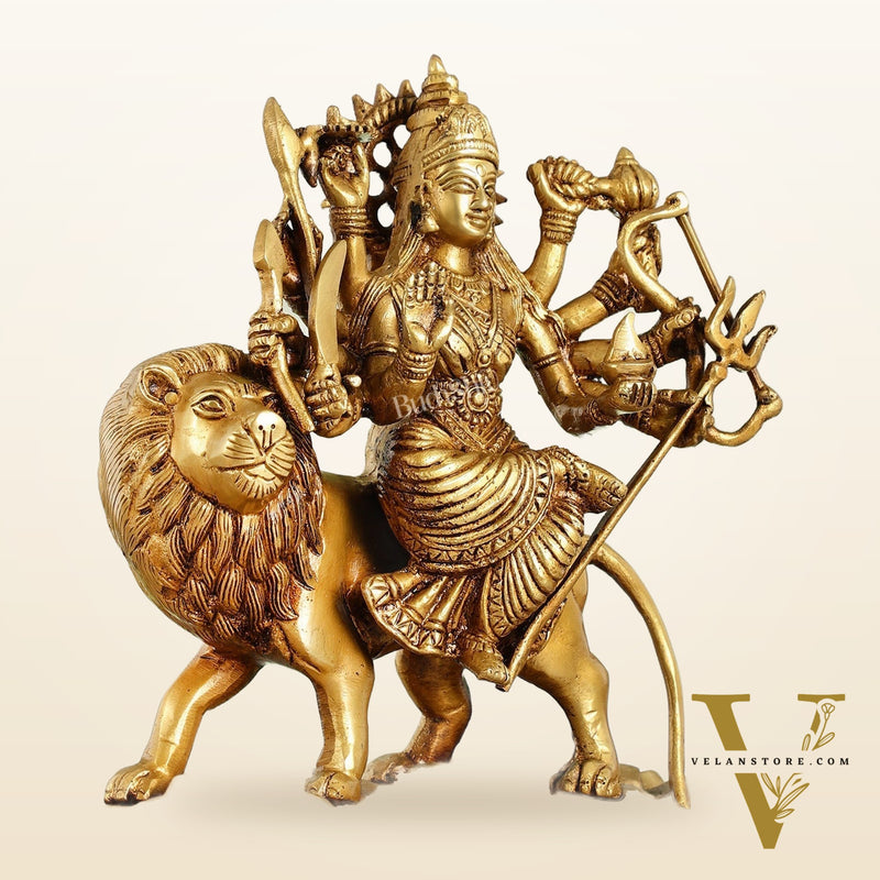 Brass Durga Ma Idol with ten arms - 9 Inch