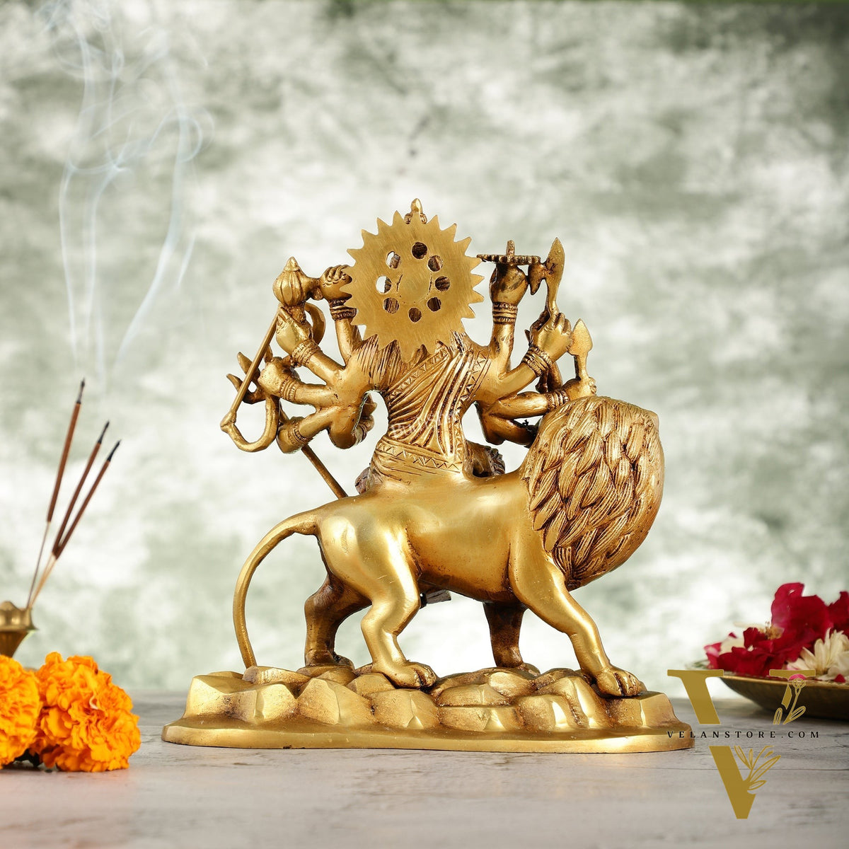 Brass Durga Ma Idol with ten arms - 9 Inch