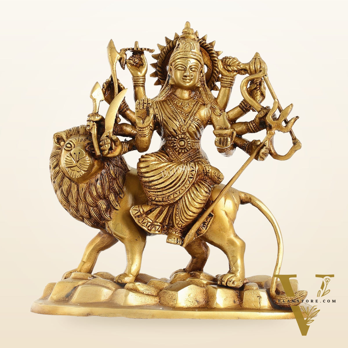 Brass Durga Ma Idol with ten arms - 9 Inch